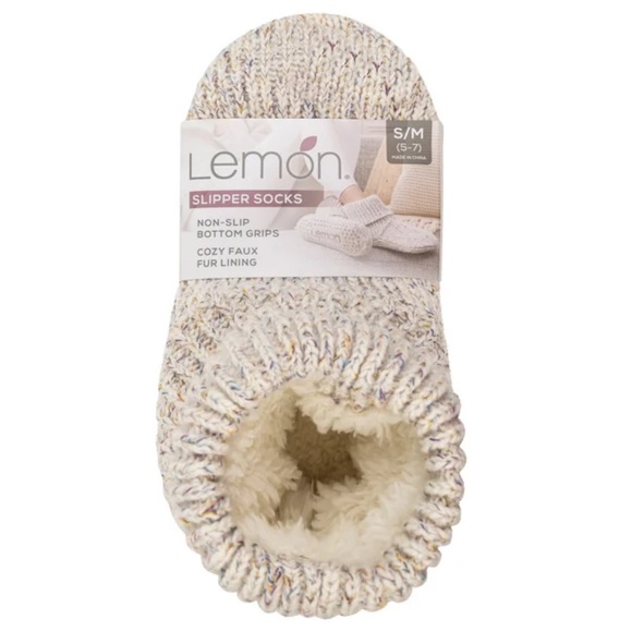 Lemon Cream and Tan Slipper Socks with Faux Fur - Picture 4 of 11